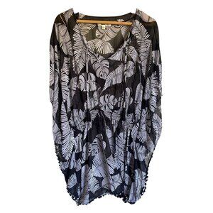 Miken Swim Black White Leaf Print Tropical Sheer Swim Cover Up Size Large